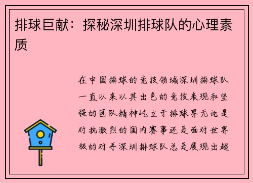 排球巨献：探秘深圳排球队的心理素质