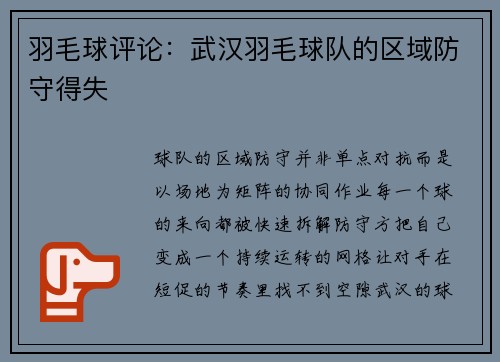 羽毛球评论：武汉羽毛球队的区域防守得失