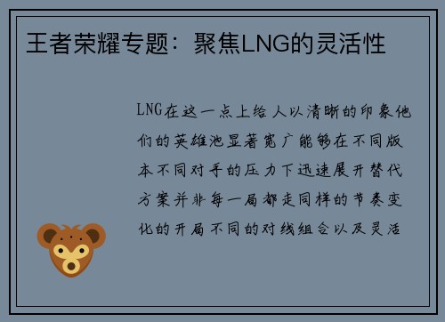 王者荣耀专题：聚焦LNG的灵活性