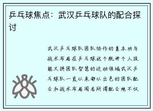 乒乓球焦点：武汉乒乓球队的配合探讨