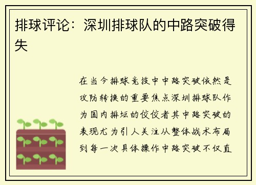 排球评论：深圳排球队的中路突破得失
